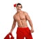 Sexy shirtless Santa Claus on background