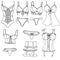 Sexy underwear for woman - negligee, peignoir, corset, briefs, bra, vector set of elements in doodle style