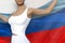 Sexy woman holds Luhansk Peoples Republic flag in hands behind her back on the white background - flag concept 3d illustration