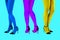 Sexy woman legs in neon tights and shoes with high heels over acid color background. Webpunk, vaporwave and surreal art