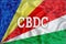 Seychelles flag with the inscription CBDC Central Bank Digital Currency and a blockchain grid around. Graphic concept for your