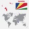 Seychelles map on a world map with flag and map pointer. Vector illustration