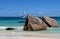 Seychelles. Praslin Island. The picturesque beach of Anse Lazio with views of the yachts