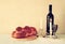 Shabbat image. challah bread, shabbat wine and candelas on wooden table. vintage filtered image