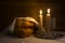 Shabbat Shalom - wine, challah and candles