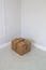 Shabby cardboard box in the corner in an empty new room