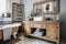 shabby chic bathroom with wooden vanity, metal fixtures and luxurious towels