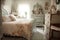 shabby chic bedroom with cheery floral prints, and vintage dresser