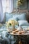 Shabby chic bedroom interior, empty vintage room with elegant retro furniture