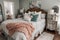 shabby chic bedroom with mix of vintage and modern elements, including velvet bedding and wooden nightstands