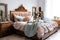 shabby chic bedroom with mix of vintage and modern elements, including velvet bedding and wooden nightstands