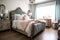 shabby chic bedroom with mix of vintage and modern elements, including velvet bedding and wooden nightstands