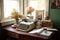 shabby chic office with vintage typewriter, old books, and floral touches