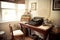 shabby chic office with vintage typewriter, old books, and floral touches