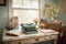 shabby chic office with vintage typewriter, old books, and floral touches