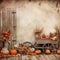 Shabby chic vintage autumn faded background with rustic farm elements