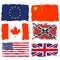 Shabby flags of Canada, China, Confederate army, European union, Great britain and USA