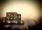 Shabby Vintage Ancient Suitcases. Background of wooden boards.