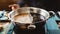 Shabu broth: Shoyu soup base and clear soup base in hot pot with steam that ready for boiling beef and vegetables