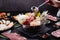 Shabu Shabu or Sukiyaki, a popular dish of pork, beef, shrimp, squid, seafood and fresh vegetables. Placed on a table with a