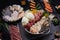 Shabu Shabu or Sukiyaki, a popular dish of pork, beef, shrimp, squid, seafood and fresh vegetables. Placed on a table with a