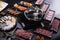 Shabu Shabu or Sukiyaki, a popular dish of pork, beef, shrimp, squid, seafood and fresh vegetables. Placed on a table with a