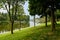 Shaded riverside lawn in city of sunny summer morning