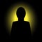 Shadow anonymous human. Abstract black silhouette unknown man in clothes with without face on background of yellow light.