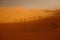 Shadow of Camel caravan going through the sand dunes in the Sahara Desert, Marrakech,Morocco.Africa