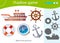 Shadow Game for kids. Match the right shadow. Color image of ship or steamship, magnetic compass, anchor, helm and lifebuoy.