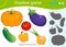 Shadow Game for kids. Match the right shadow. Color image of vegetables. Pumpkin, pepper, tomato, cucumber, onion, eggplant.