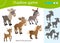 Shadow Game for kids. Match the right shadow. Color images of animals. Elk, reindeer, horse, donkey, deer. Worksheet vector design