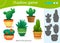 Shadow Game for kids. Match the right shadow. Color images of cactus. Houseplants or indoor plants. Worksheet vector design for
