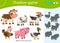 Shadow Game for kids. Match the right shadow. Color images of farm animals. Cow, sheep, duck or Drake, pig, chicken, goat.