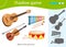 Shadow Game for kids. Match the right shadow. Color images of musical instruments. Guitar, violin, drum and xylophone. Worksheet