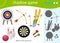 Shadow Game for kids. Match the right shadow. Color images of sports equipment. Skiing, archery, darts, bowling. Worksheet vector