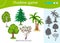 Shadow Game for kids. Match the right shadow. Color images of trees. Birch, Rowan, apple tree, palm, pine, fir.  Worksheet vector