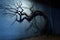 shadow of a gnarled tree on a moonlit wall, resembling a dragon