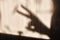 Shadow hands in the form of a Bunny. Fingers show a rabbit on a wooden background. Female hand in the shape of a hare