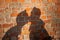Shadow kissing couple on a brick wall