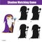 Shadow matching game. Kids activity with magician boy. Halloween theme