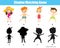 Shadow matching game. Summertime beach theme Kids activity. Find silhouettes of children