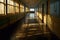 shadows cast on the floor of a dimly lit hospital corridor