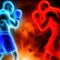 Shadows formed by red and blue sparks form boxers fighting in the ring.generative AI