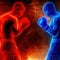 Shadows formed by red and blue sparks form boxers fighting in the ring.generative AI