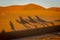 Shadows Of A Group Of Travelers Are Seen In The Sand As They Walk Through The Saharan Desert In Morocco, Africa