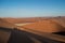 Shadows of Three People â€“ Climbing Big Daddy Dune at Sunrise