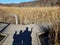 Shadows of two people pointing in different directions at a fork in a boardwalk