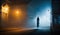 Shadowy ghostly figure walking along the street in a haunted village. Generative AI