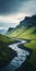 Shadowy Stillness: Captivating Image Of Green Mountains And Winding Creek In Iceland